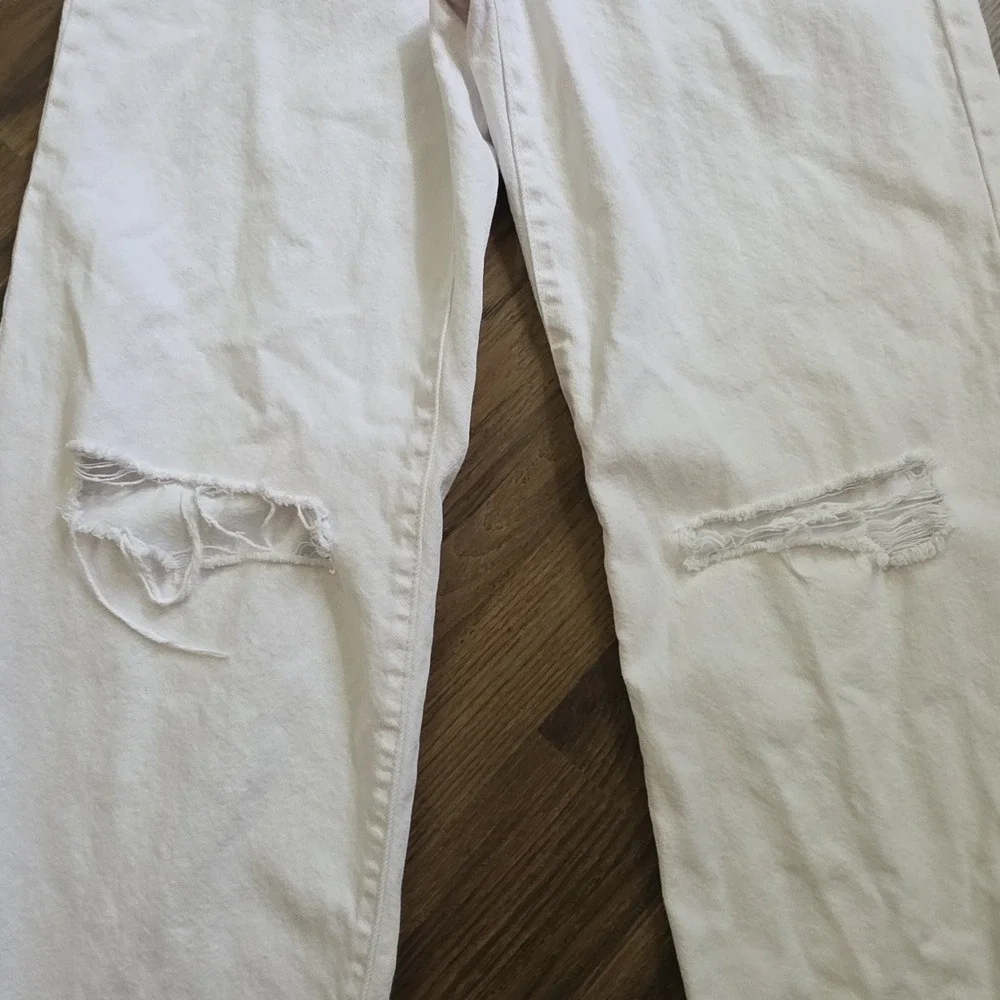Lefties white Denim Women's 6/8 Wide Leg Raw Hem Distressed Jeans Y2K streetwear